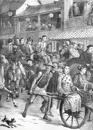 Pulled Rickshaws in Shanghai Street Scene China, 1880 (engraving)