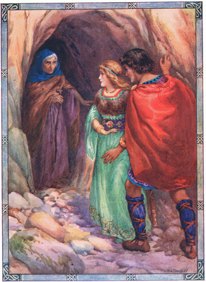 They came to a cave by the sea (from Diarmud and Grania)  (colour litho)