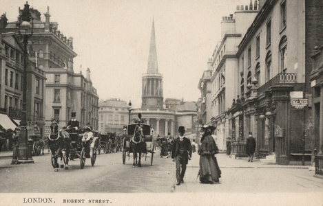 London, Upper Regent Street, carriages and hansom cabs (b/w photo)
