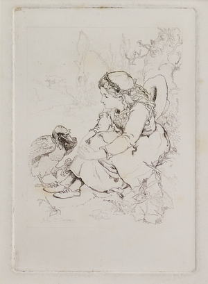 Seated Girl and Large Bird (etching)