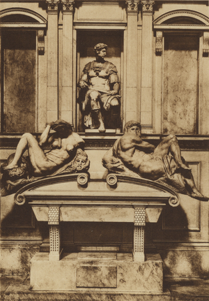 Firenze / Florence: Cappelle Medicee, Tomba di Giuliano de' Medici, Michelangelo (b/w photo)