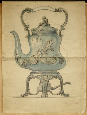 A shaped silver kettle and stand, House of Carl Faberge (pencil & w/c on paper)