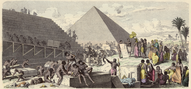 Building of the Pyramids in Ancient Egypt (coloured engraving)