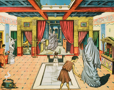 A rich man's house in ancient Rome (colour litho)