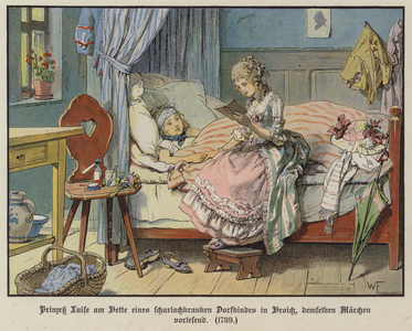 Princesse Louise of Mecklenburg-Strelitz reading at the bedside of a sick village girl in Broich, 1789 (colour litho)