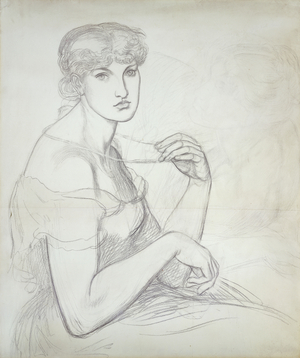 A Seated Woman Holding a Necklace, to the Right Another Female Figure, (black chalk, on two joined sheets of pale green paper)