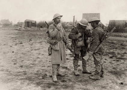 Three Sergeants of the Northumberland Fusiliers, 3rd Division, after the attack on St. Eloi, 27th March 1916 (b/w photo)