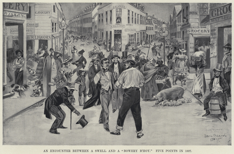 An Encounter between a Swell and a "Bowery B'hoy," Five Points in 1827 (litho)