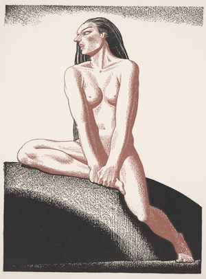 She hearkens for his hounds and for his horn - Illustration reproduction for "Venus and Adonis", 1936 (colour litho)