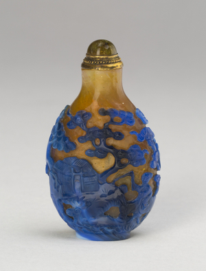 Snuff Bottle with a Figure on Mule in Landscape, 1760-1820 (glass, lapis-like blue overlay on coffee ground)
