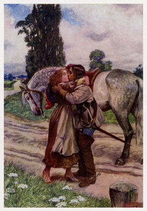 "O stay, O stay, thou goodly youth" (colour litho)