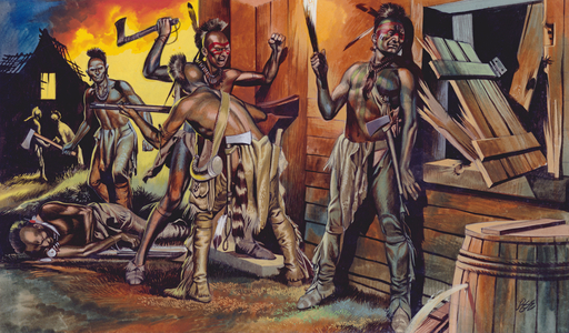 Indians attacking settlers homes (gouache on paper)