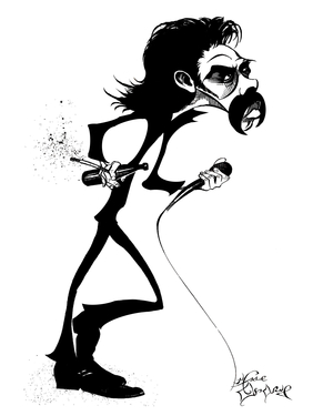 Nick Cave, Australian rock singer, b/w caricature, 1993/2010 by Neale Osborne