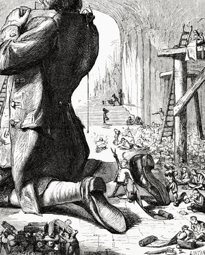 Three hundred tailors were employed to make me clothes. From Gulliver's voyage to Lilliput.  Illustration from Gullivers Travels published c.1875