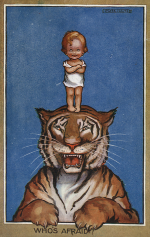 Baby standing on head of tiger (colour litho)