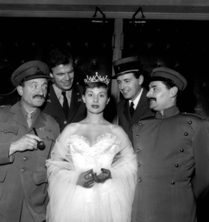 Magali Noel With Olivier Hussenot, Jesse Hahn, Louis Velle and Roger Carpel during Rehearsal of Play "L'Amour Des Quatre Colonels" in Paris, December 15, 1954 (b/w photo)