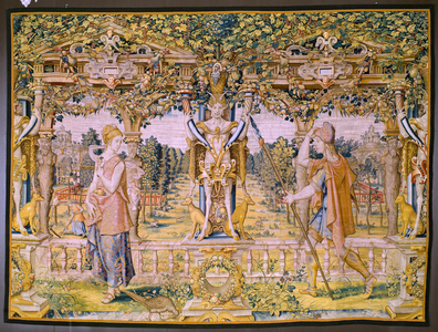 Flemish tapestry. Series Vertumnus and Pomona: Vertumnus transformed into a farmer (Vertumnus als landbouwer, Vertumno transformado en agricultor).  Atelier Willem de Pannemaker. Ca 1545-1550.