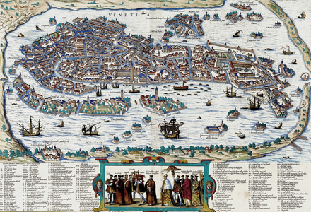 Venice depicted with a procession by the Doge of Venice. 17th Century (chromolithograph)