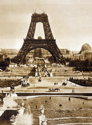 Construction of the 2nd Floor, View from Chaillot Palace of Eiffel Tower, 1888 (b/w photo)