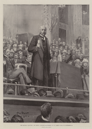 The General Election, Sir Henry Campbell-Bannerman at St James's Hall on 29 September (litho)