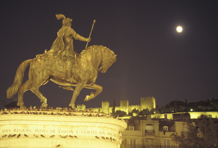Portugal, Lisbon. Figueira Square, Sao Jorge Castle, At Night, Moon Above