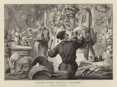 Making masks for a Christmas pantomime (engraving)