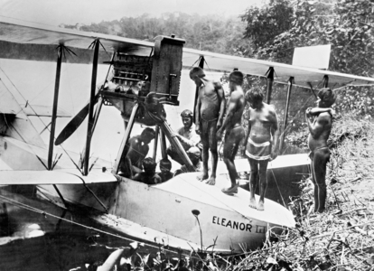 Mayougong Amerindians admire a seaplane, 1924 (b/w photo)