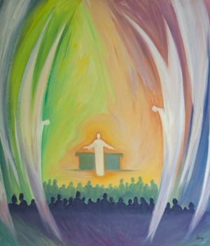 Jesus is truly Present with us in the Mass, adored by the angels, 2000 (oil on board)