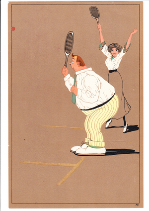 A print of two tennis players in comic and humorous postures, c.1920 (colour litho)