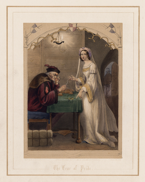 Young woman selling her jewels for money (colour litho)