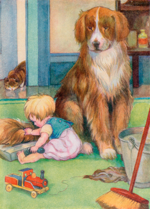 Toddler playing with a dog's tail (colour litho)