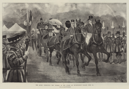 The Queen inspecting the Yeomen of the Guard at Buckingham Palace, 23 June (litho)