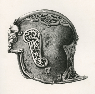 A sallet, aka salade or schaller war helmet, A.D. 1450, from The British Army: Its Origins, Progress and Equipment, published 1868.