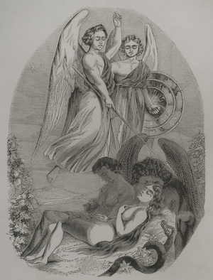 The good angels and the bad angel, 19th century (engraving)