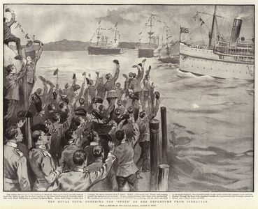 The Royal Tour, cheering the "Ophir" on her Departure from Gibraltar (litho)