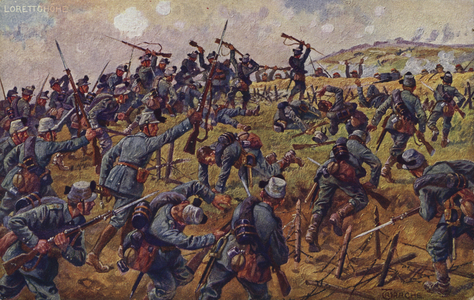 Storming of the Loretto Heights, France, World War I, 1915 (colour litho)