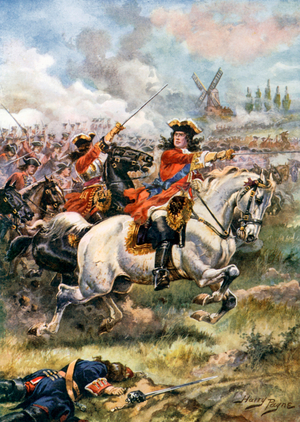 Marlborough Leading the Attack. Battle of Blenheim (colour litho)