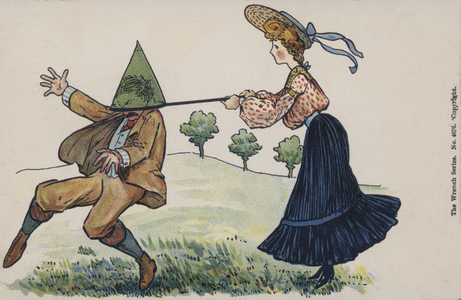 Woman catching a man with a butterfly net (chromolitho)