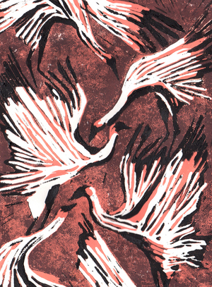 Flamingos, 2021, (Linoprint)