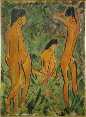 Boy in front of two girls, one standing, one seated (distemper on burlap)