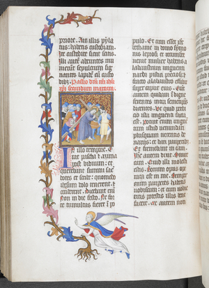 Christ on the Road to Calvary, with partial foliate border carried by an angel