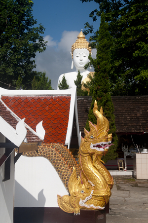 Thailand: Naga balustrades and giant Buddha, Wat Phrathat Doi Kham, Chiang Mai