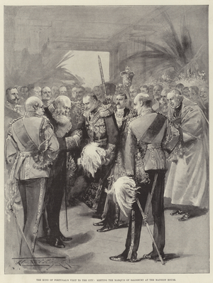 The King of Portugal's Visit to the City, meeting the Marquis of Salisbury at the Mansion House (litho)