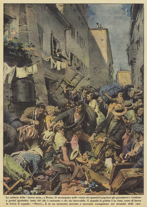 The daring of the black bag in Rome (colour litho)
