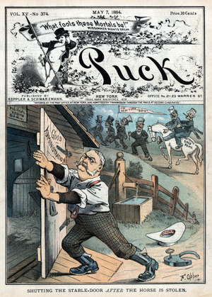 "Shutting the Stable-Door after the Horse is Stolen", Political Cartoon Featuring U.S. President Chester A. Arthur Closing a Door Labeled "Good Administration" to a Stable Labeled "Political Record Barn", 'Puck Magazine', published by Keppler & Schwarzmann, May 7, 1884 (litho)