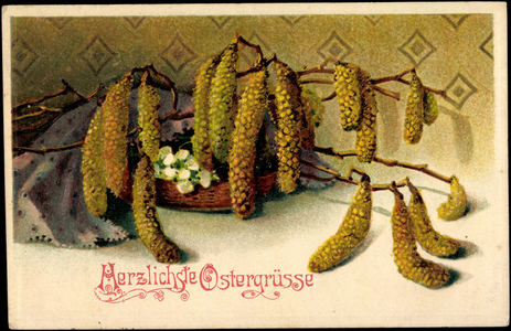 Embossing Litho Happy Easter, Birch Seeds, Branch, Basket