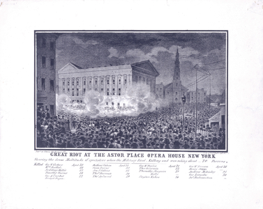 Great Riot at the Astor Place Opera House, New York, Showing the dense Multitude of spectators when the Military fired, Killing and wounding about 70 persons, 1849 (litho)
