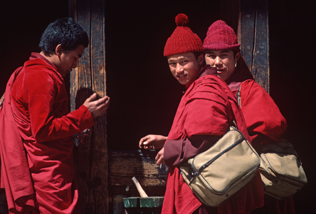 Buddhist monks in Thimphu, capital of Bhutan, Himalayas (photo)