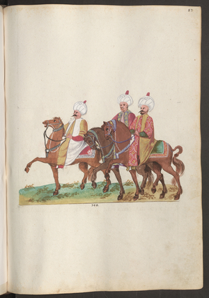 Turkish wedding ceremony: three high-ranking guests on horseback