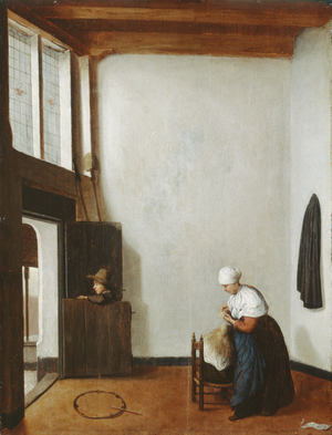 Interior with a woman combing a little girl's hair, c.1662 (oil on oak panel)